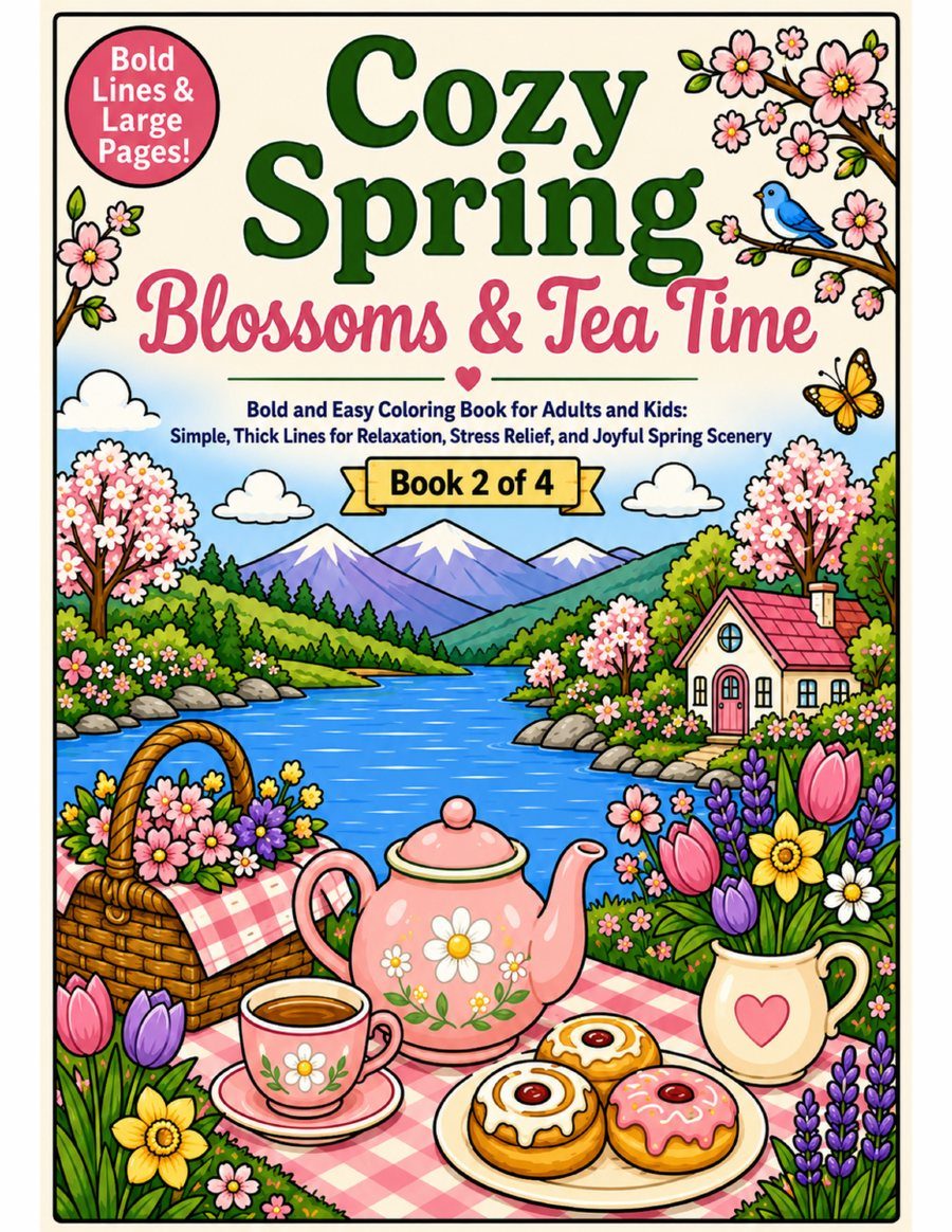 Cozy Spring Coloring Book | Bold & Easy Tea Time Scenes (Digital PDF) | cover