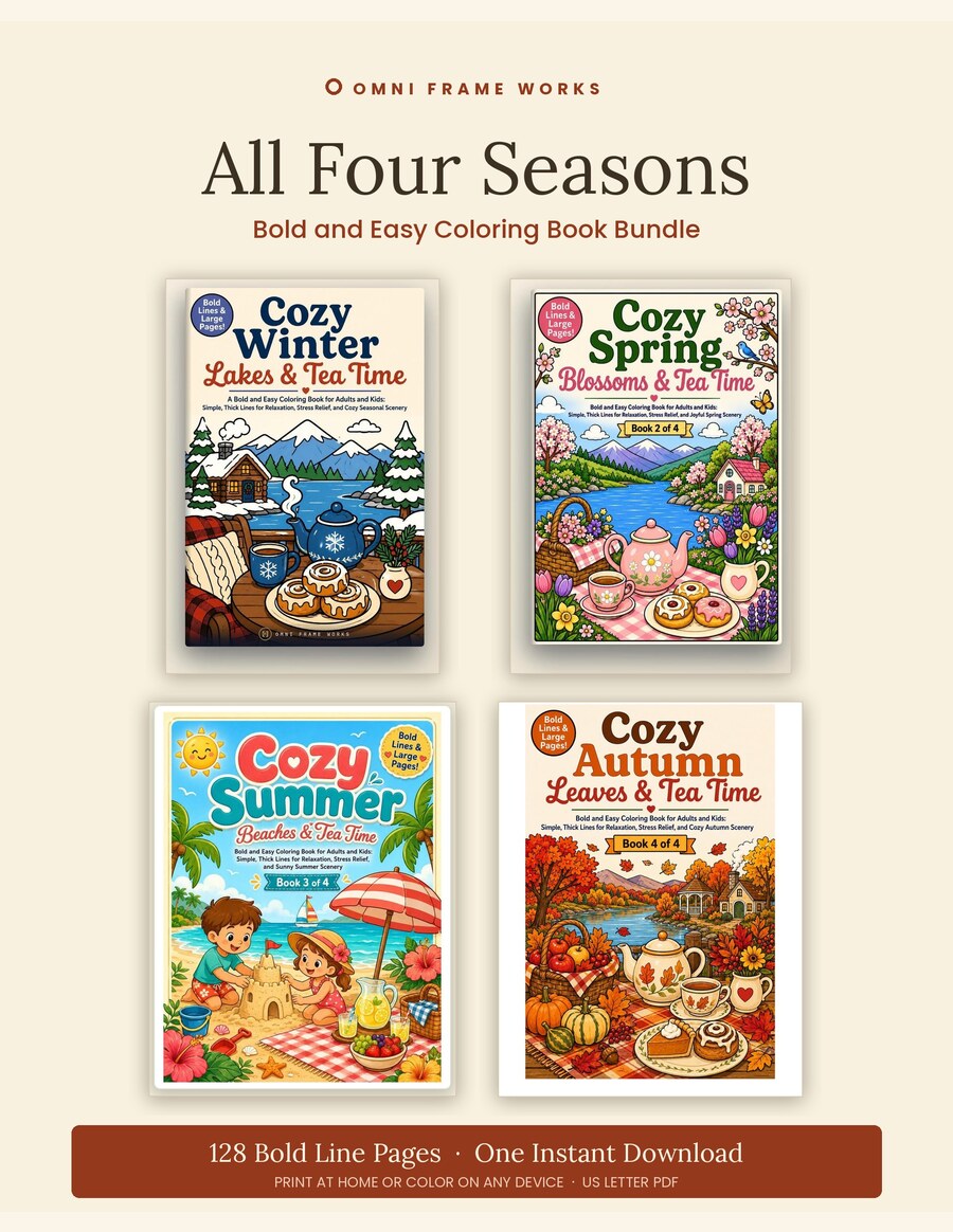 Bold and Easy Coloring Book Bundle | All Four Seasons | 128 Printable Pages (Instant PDF) | cover