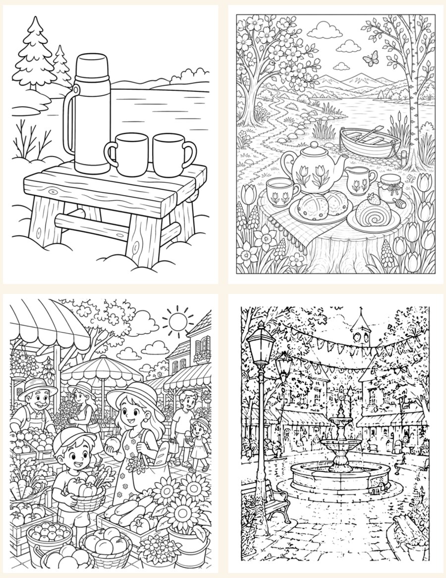 One line art page from each of the four seasons